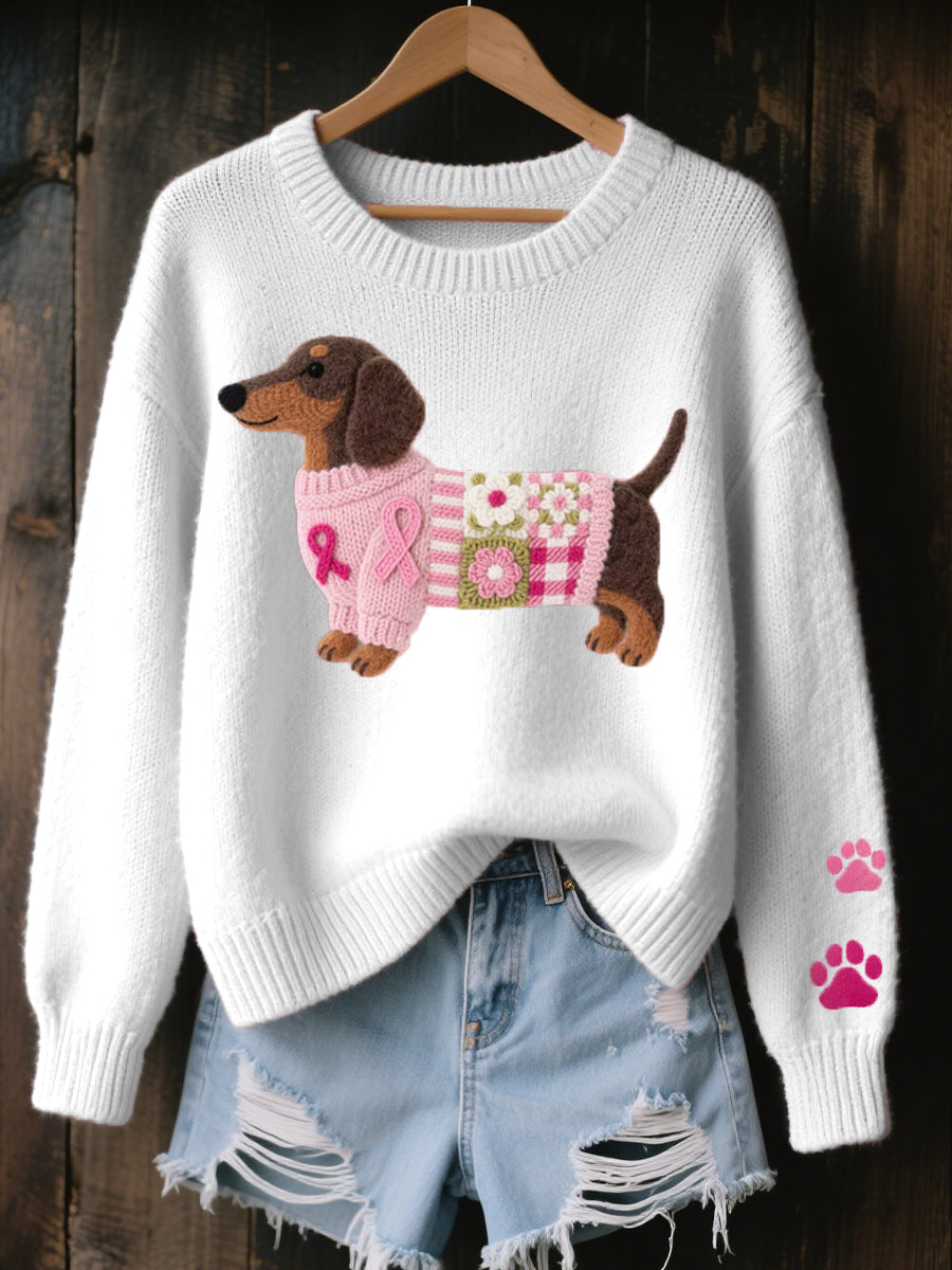 Svantje | Damen Strickpullover Dackel Motiv Rundhals - Pink - Image 3