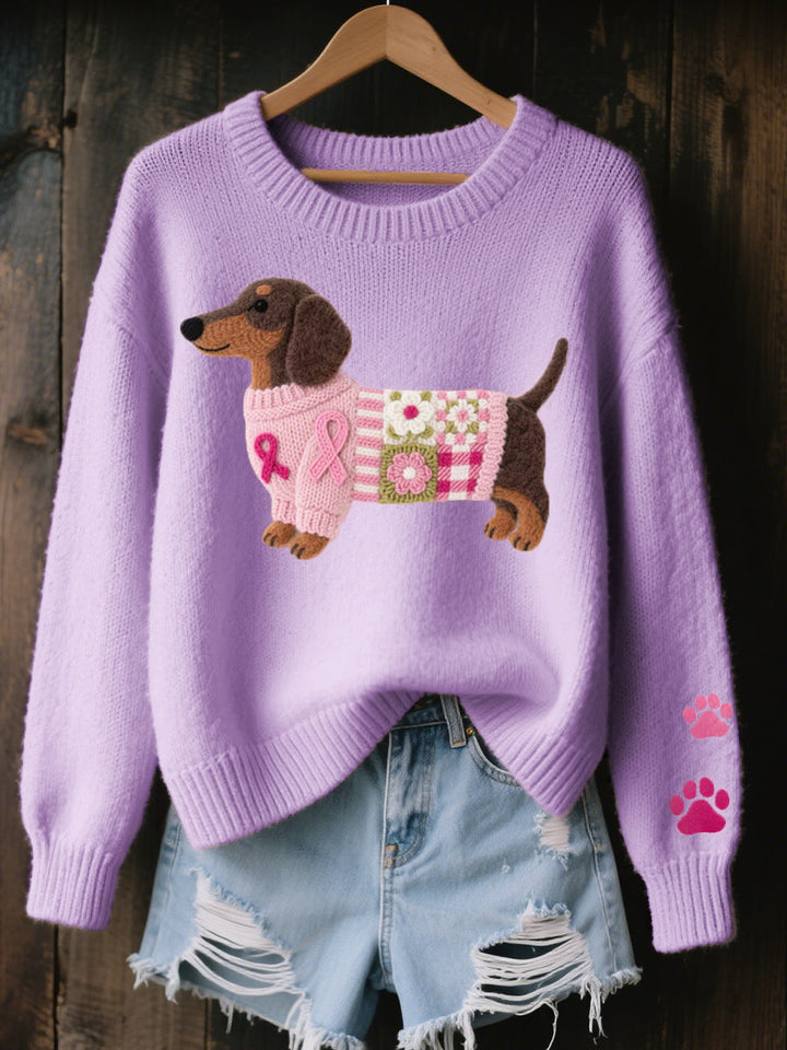 Svantje | Damen Strickpullover Dackel Motiv Rundhals - Pink - Image 4