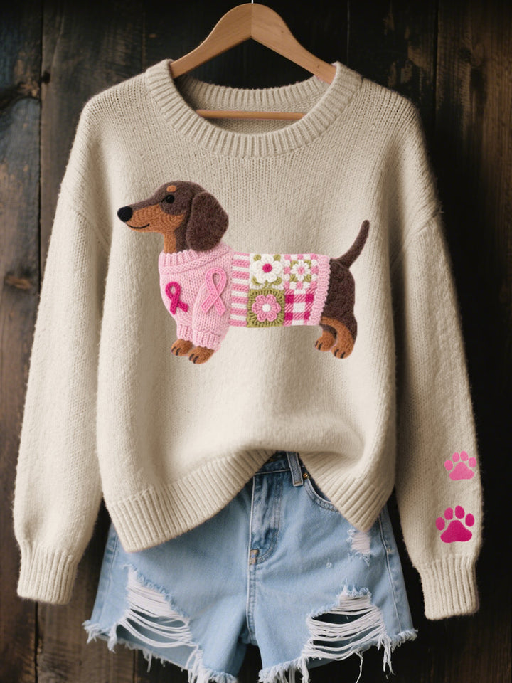 Svantje | Damen Strickpullover Dackel Motiv Rundhals - Pink - Image 5