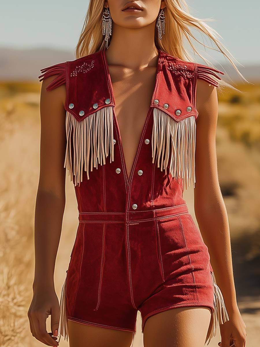 Tamara | Damen Fransen Jumpsuit Western Style - Red - Image 1