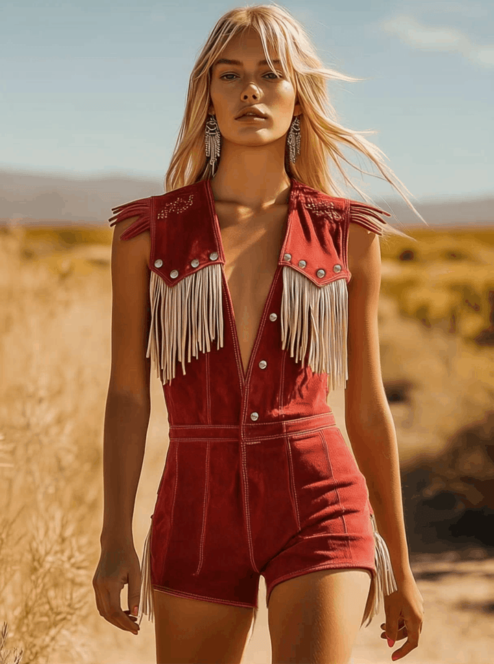 Tamara | Damen Fransen Jumpsuit Western Style - Red - Image 2