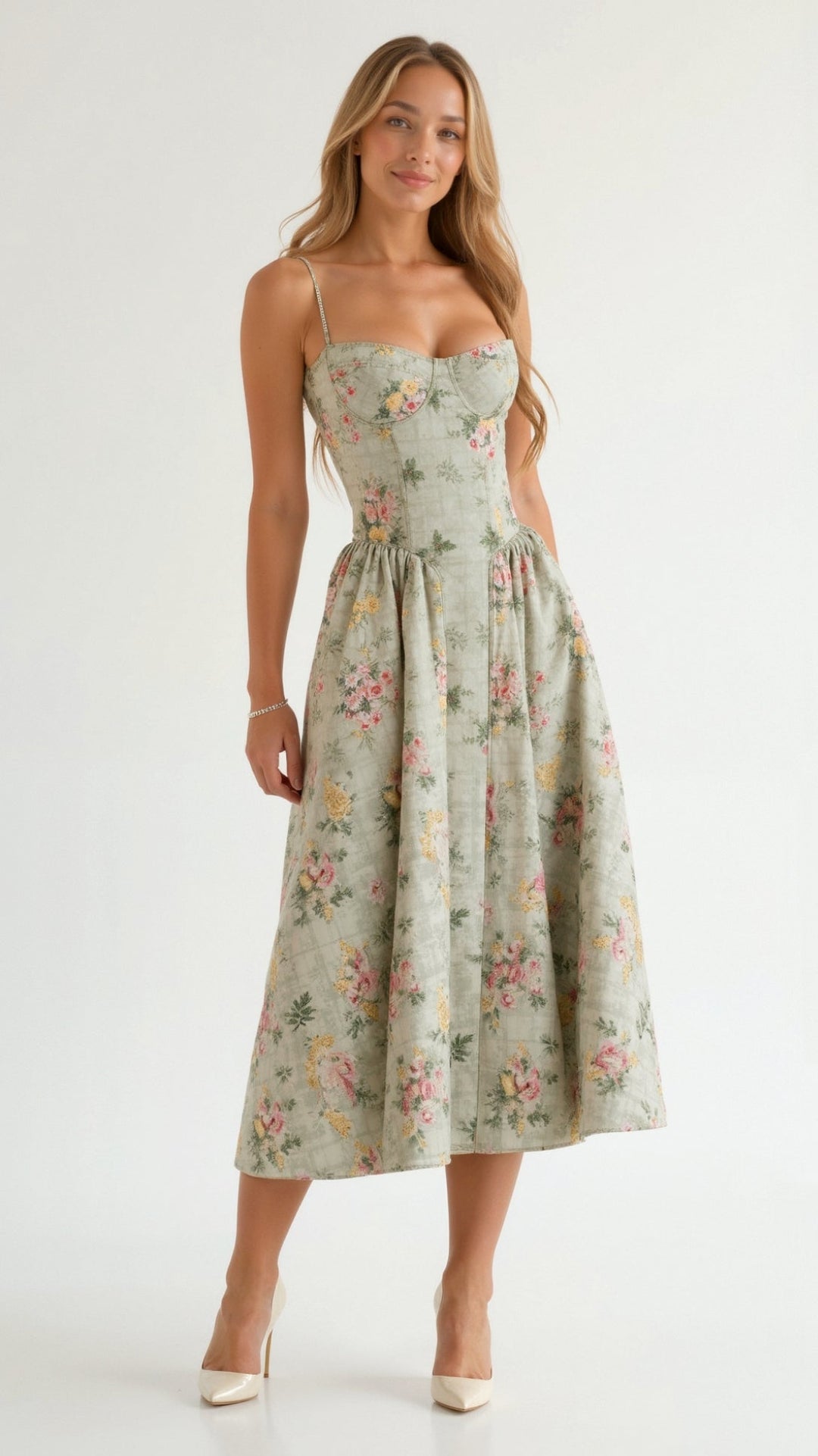 Thea | Damen Florales Midikleid Herzausschnitt Spaghettiträger - Floral - Image 1