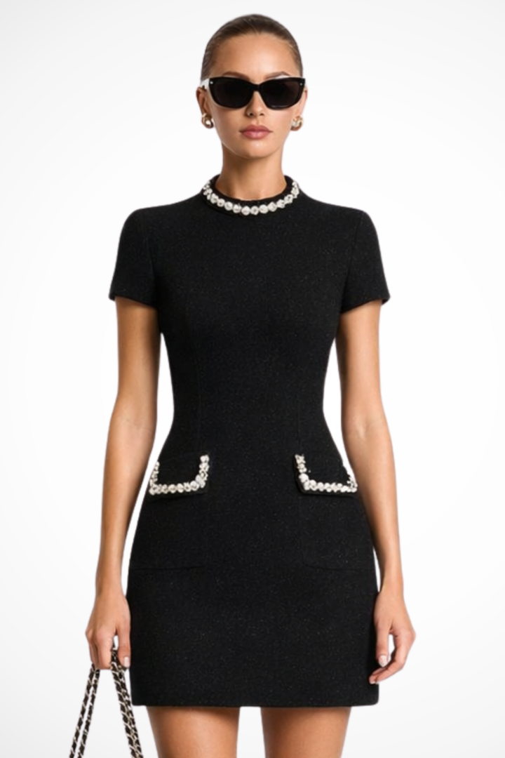Thea | Damen Perlenbesatz Minikleid - Black - Image 1
