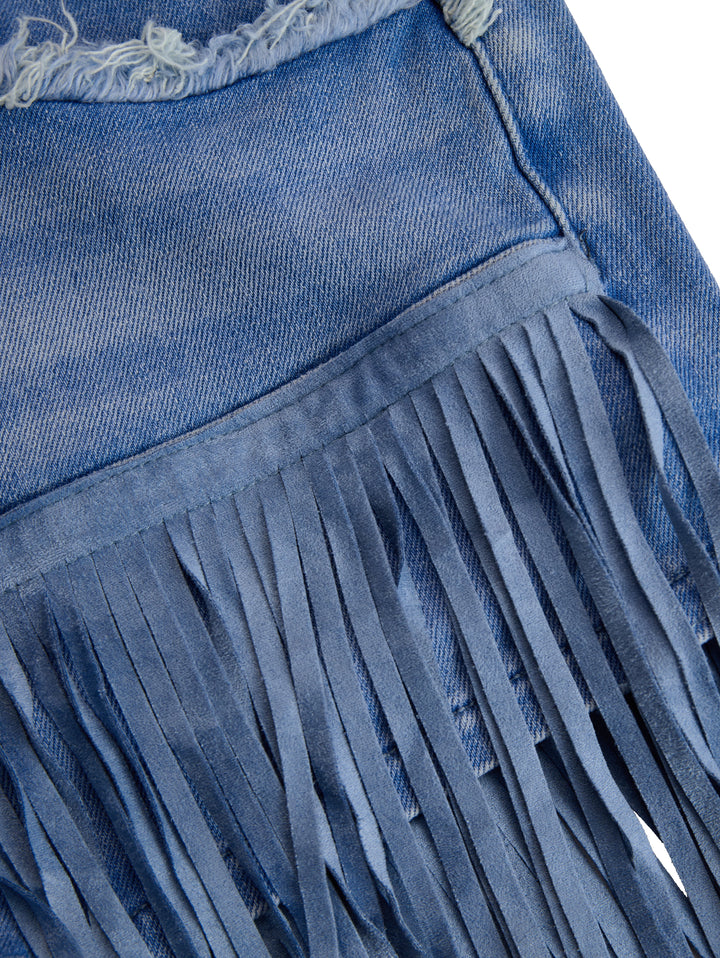 Thekla | Damen Fransen Mini Rock - Light Blue - Image 7