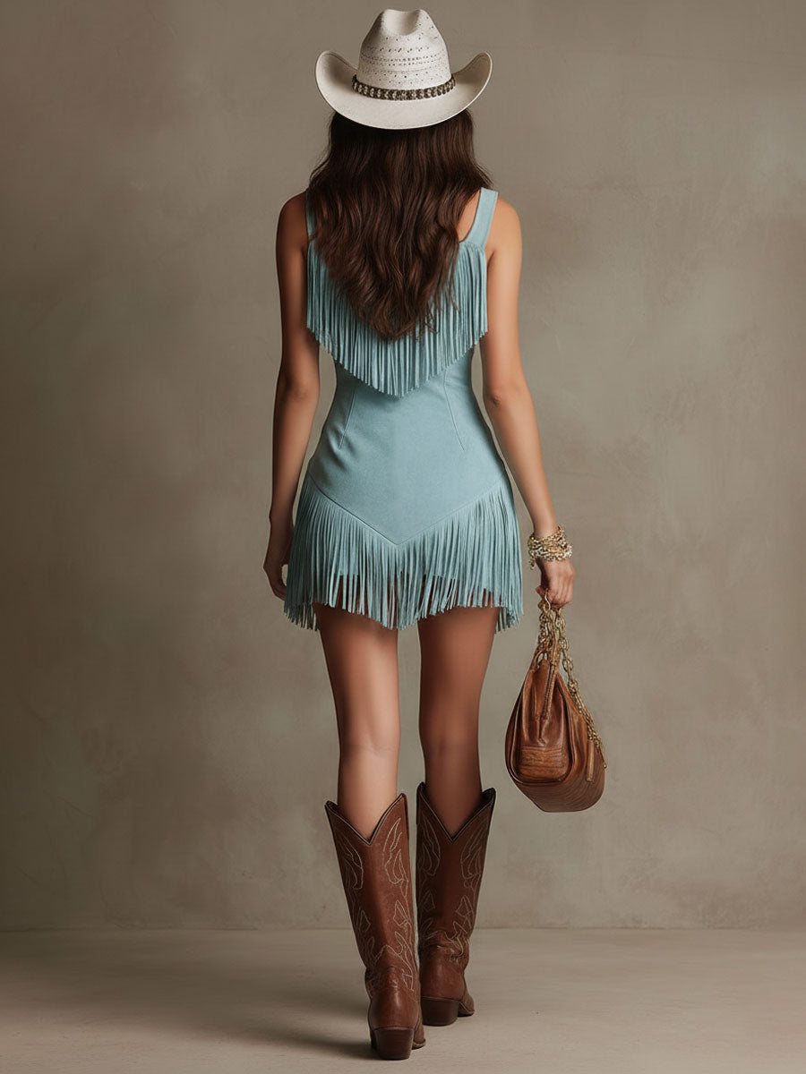 Theodora | Damen Fransen Mini Kleid - Light Blue - Image 5