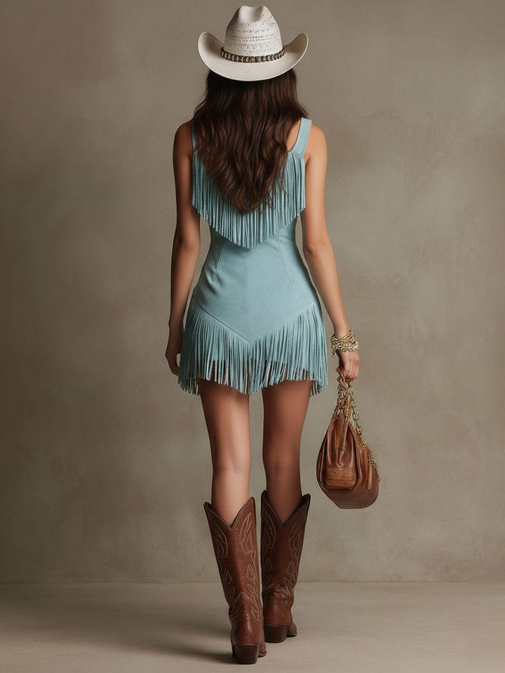 Theodora | Damen Fransen Mini Kleid - Light Blue - Image 5