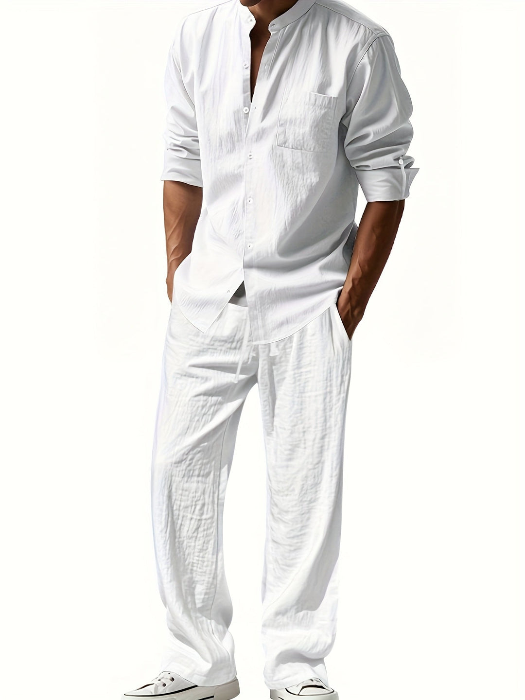 Theron | Herren Stehkragen Zweiteiler Hemd und Hose Set - White - Image 1