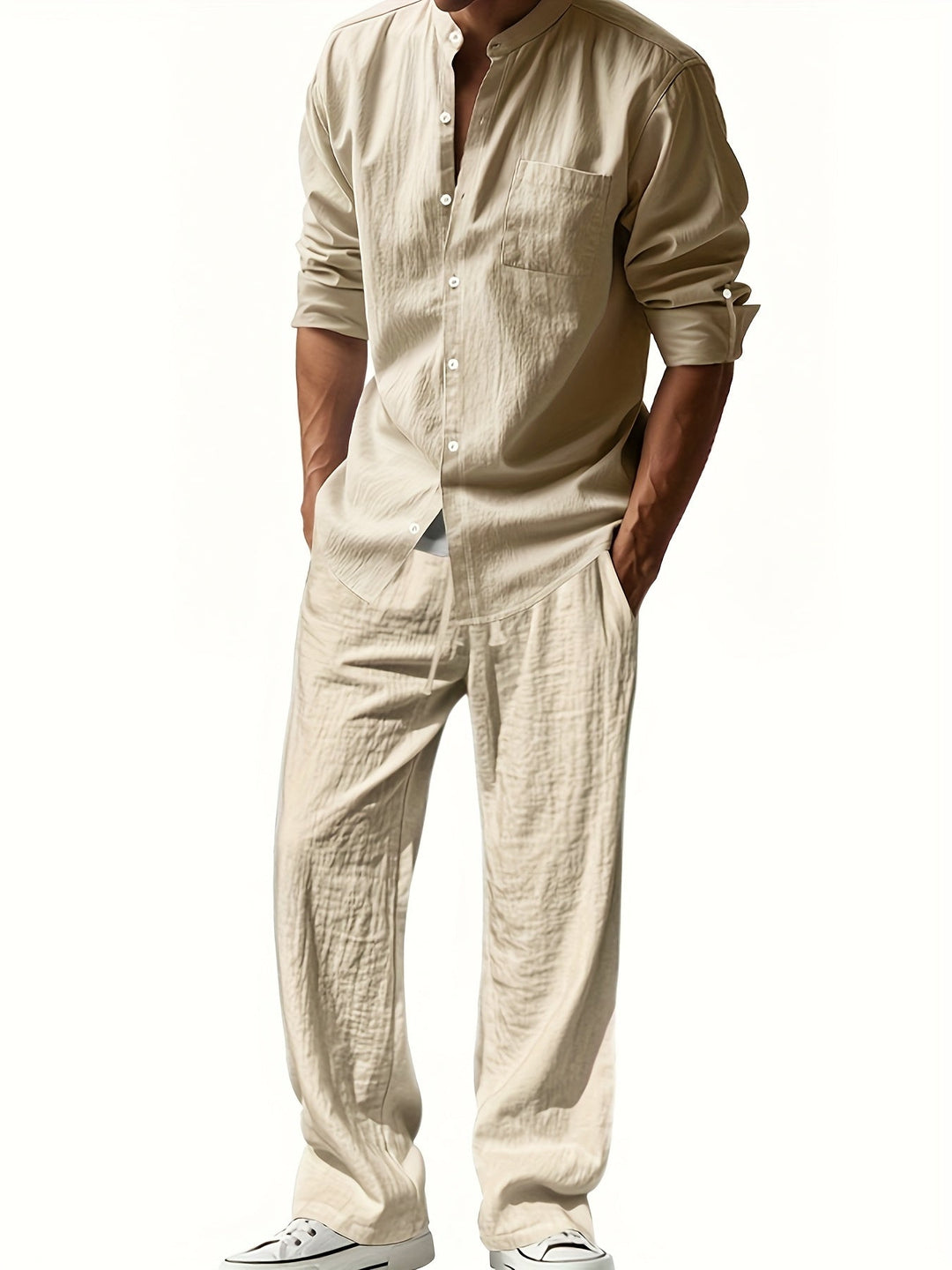 Theron | Herren Stehkragen Zweiteiler Hemd und Hose Set - White - Image 5