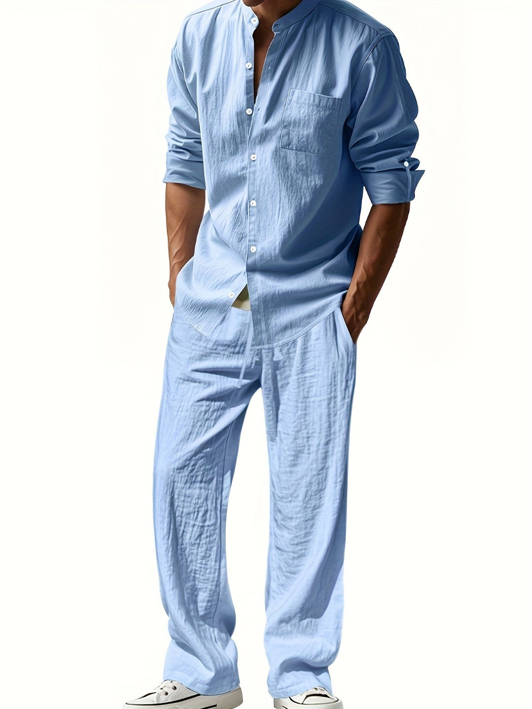 Theron | Herren Stehkragen Zweiteiler Hemd und Hose Set - White - Image 7