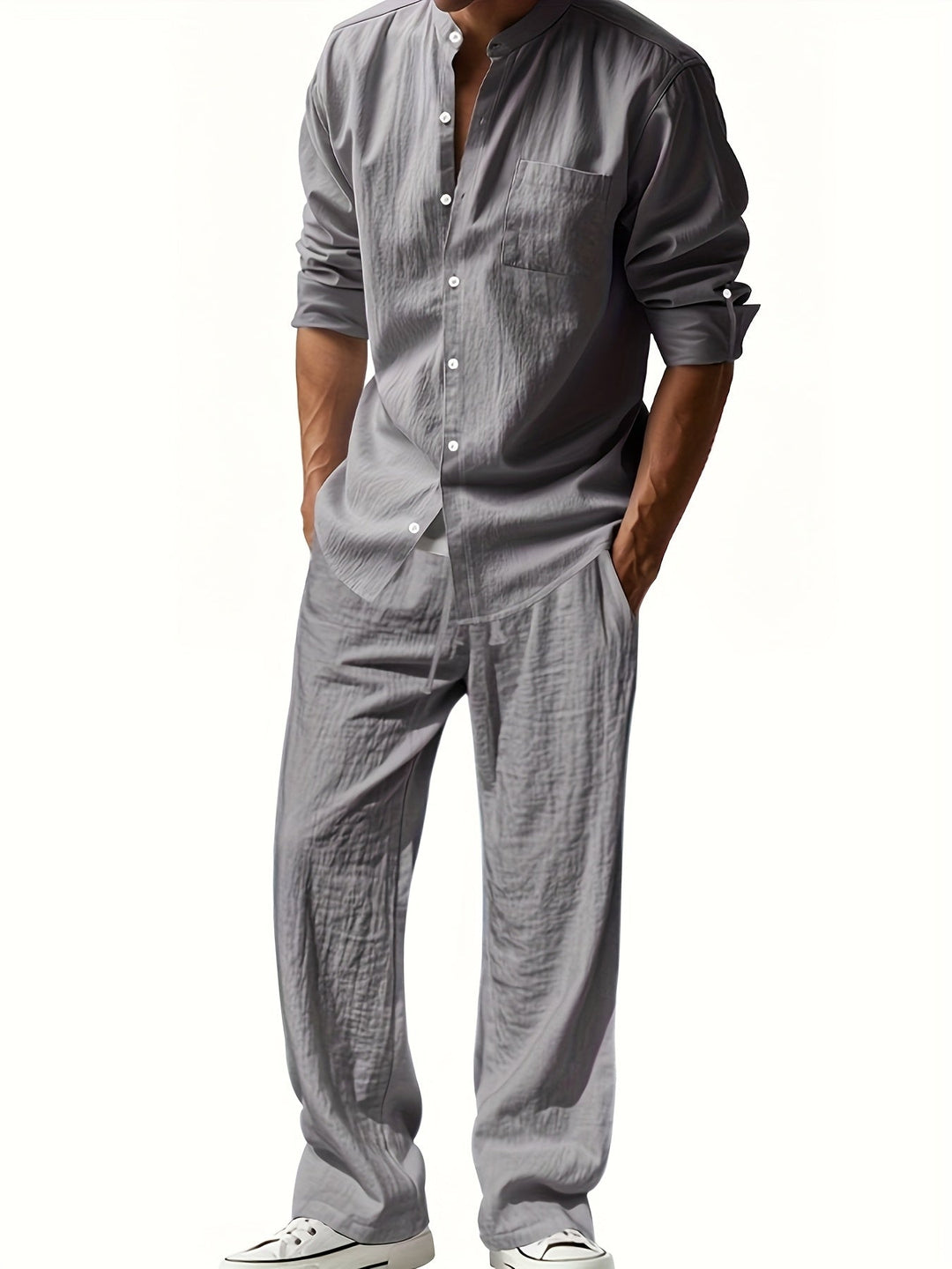 Theron | Herren Stehkragen Zweiteiler Hemd und Hose Set - White - Image 9