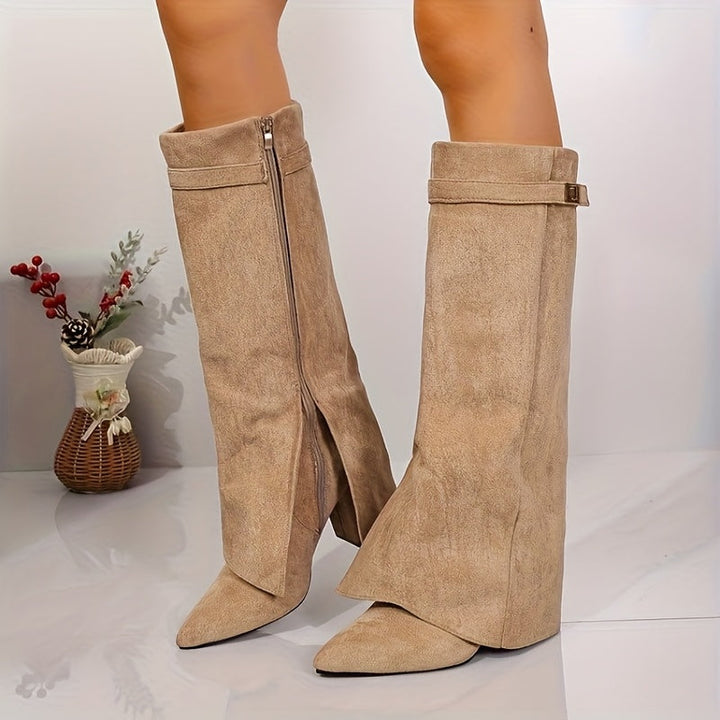 Thordis | Damen Kniehohe Stiefel mit Blockabsatz - Beige - Image 2