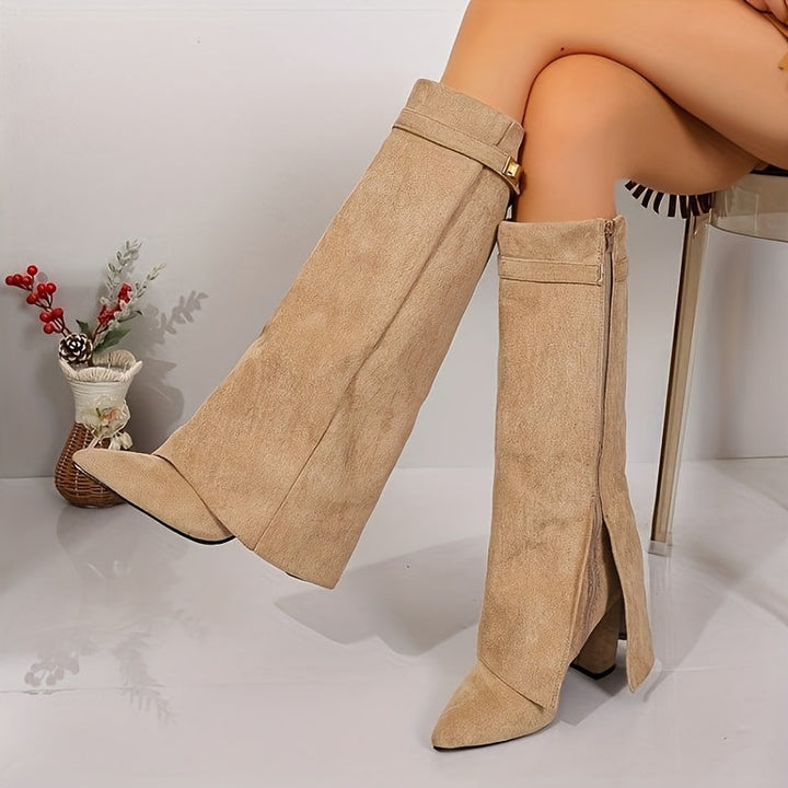 Thordis | Damen Kniehohe Stiefel mit Blockabsatz - Beige - Image 3