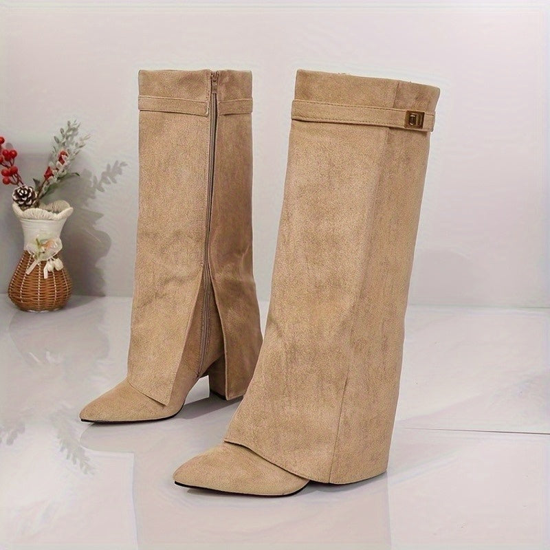 Thordis | Damen Kniehohe Stiefel mit Blockabsatz - Beige - Image 4