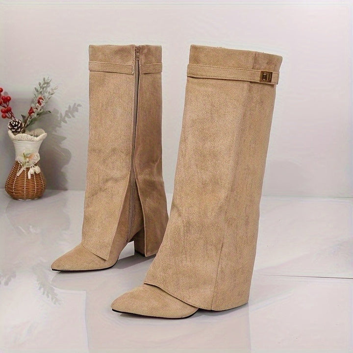 Thordis | Damen Kniehohe Stiefel mit Blockabsatz - Beige - Image 4