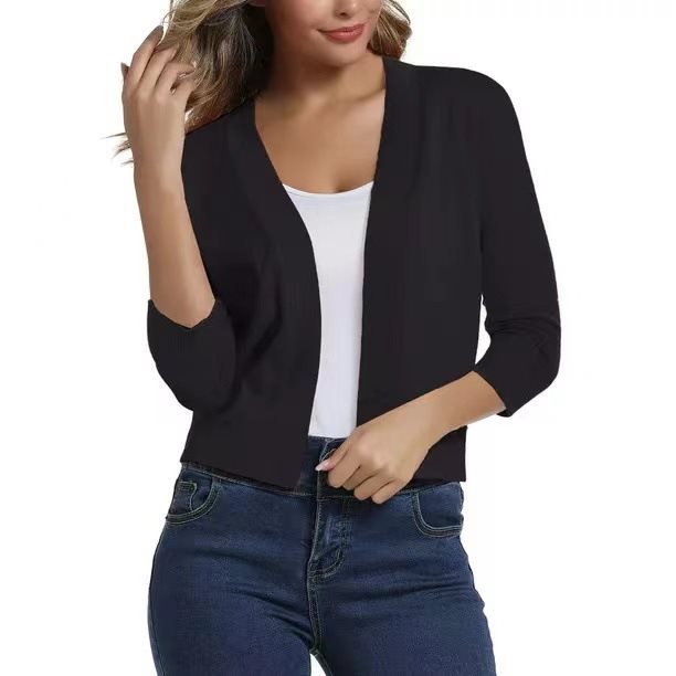 Thordis | Damen Strickjacke Offene Front 3/4 Arm - Black - Image 3