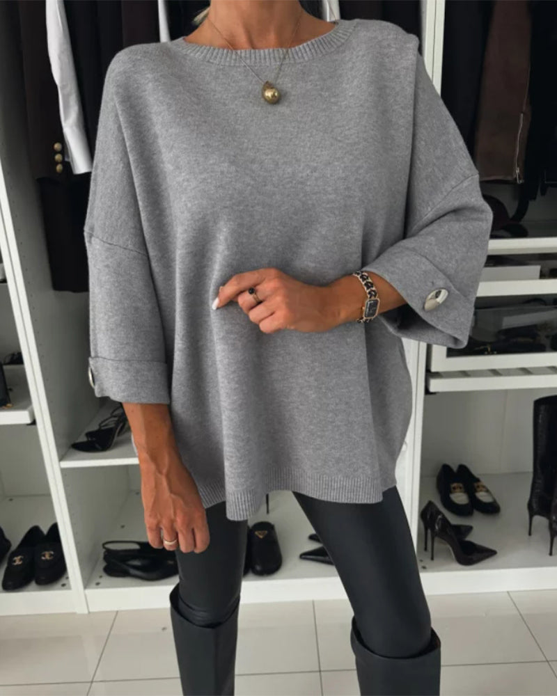 Thordula | Damen Oversize Strickpullover mit Knopfmanschette - White - Image 3