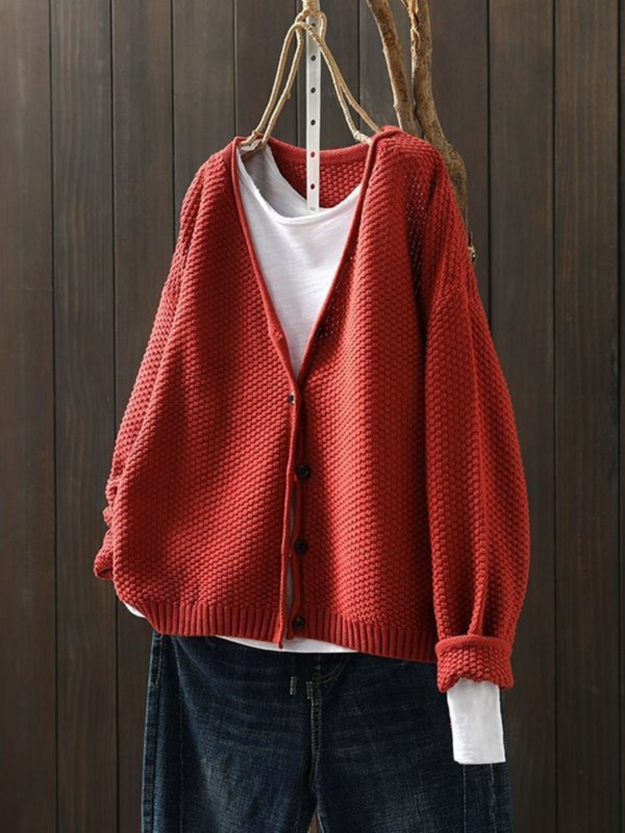 Thordula | Damen Strickjacke V-Ausschnitt Oversize - Red - Image 1