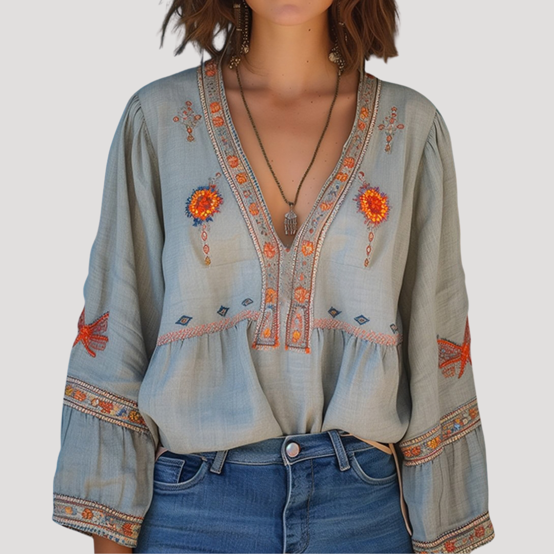 Tiziana | Damen Boho Bluse Bestickt V-Ausschnitt Langarm - Khaki - Image 1