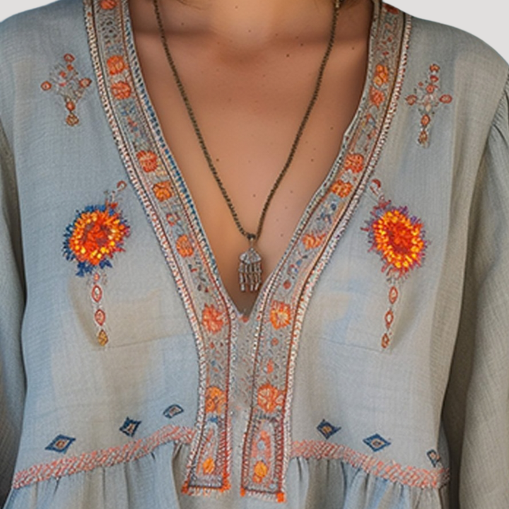 Tiziana | Damen Boho Bluse Bestickt V-Ausschnitt Langarm - Khaki - Image 2
