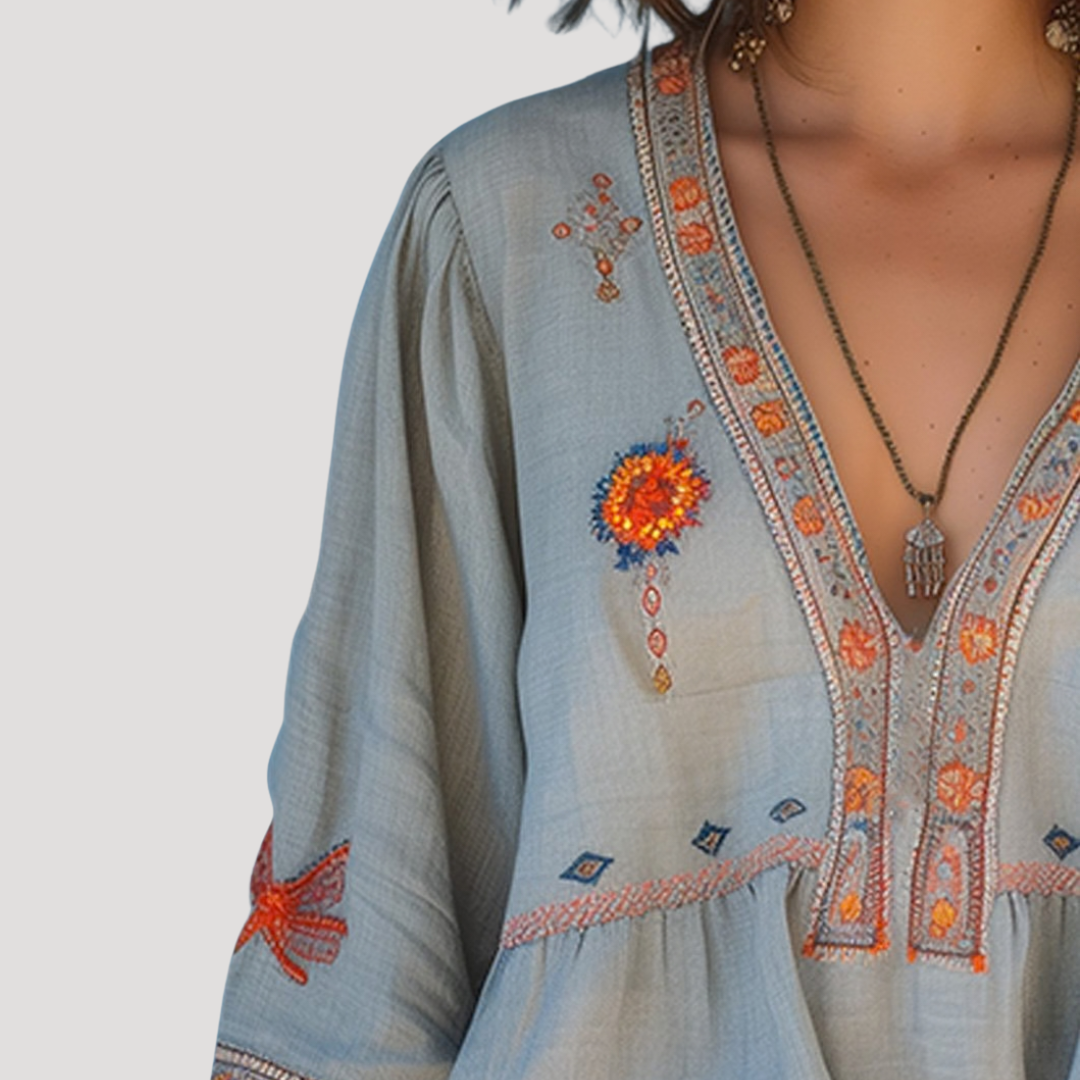 Tiziana | Damen Boho Bluse Bestickt V-Ausschnitt Langarm - Khaki - Image 3