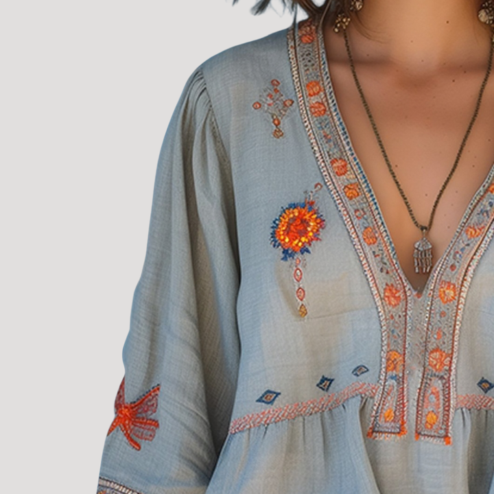 Tiziana | Damen Boho Bluse Bestickt V-Ausschnitt Langarm - Khaki - Image 3