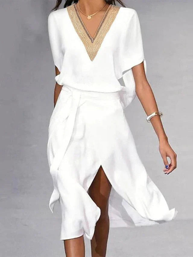 Ivory | Damen Midi Kleid V-Ausschnitt Golddetail Bindegürtel