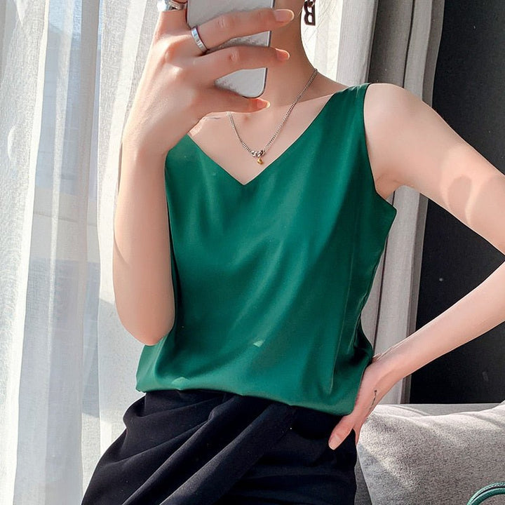 Aria | Damen Satin Tanktop V-Ausschnitt Ärmelloses Sommertop
