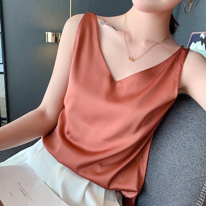 Aria | Damen Satin Tanktop V-Ausschnitt Ärmelloses Sommertop