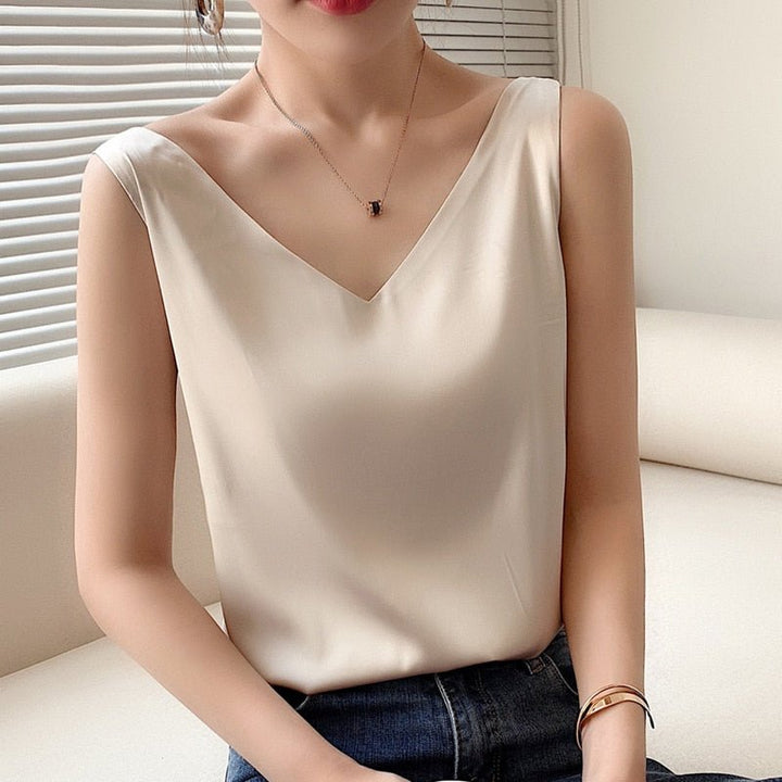 Aria | Damen Satin Tanktop V-Ausschnitt Ärmelloses Sommertop