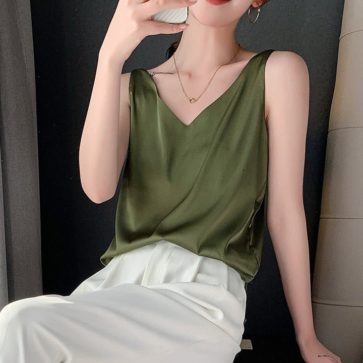 Aria | Damen Satin Tanktop V-Ausschnitt Ärmelloses Sommertop