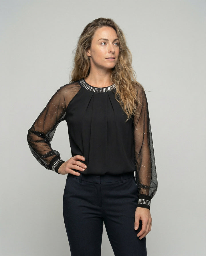 Nina | Damen Mesh Top Transparent Langarm Nieten Rundhals Elegant