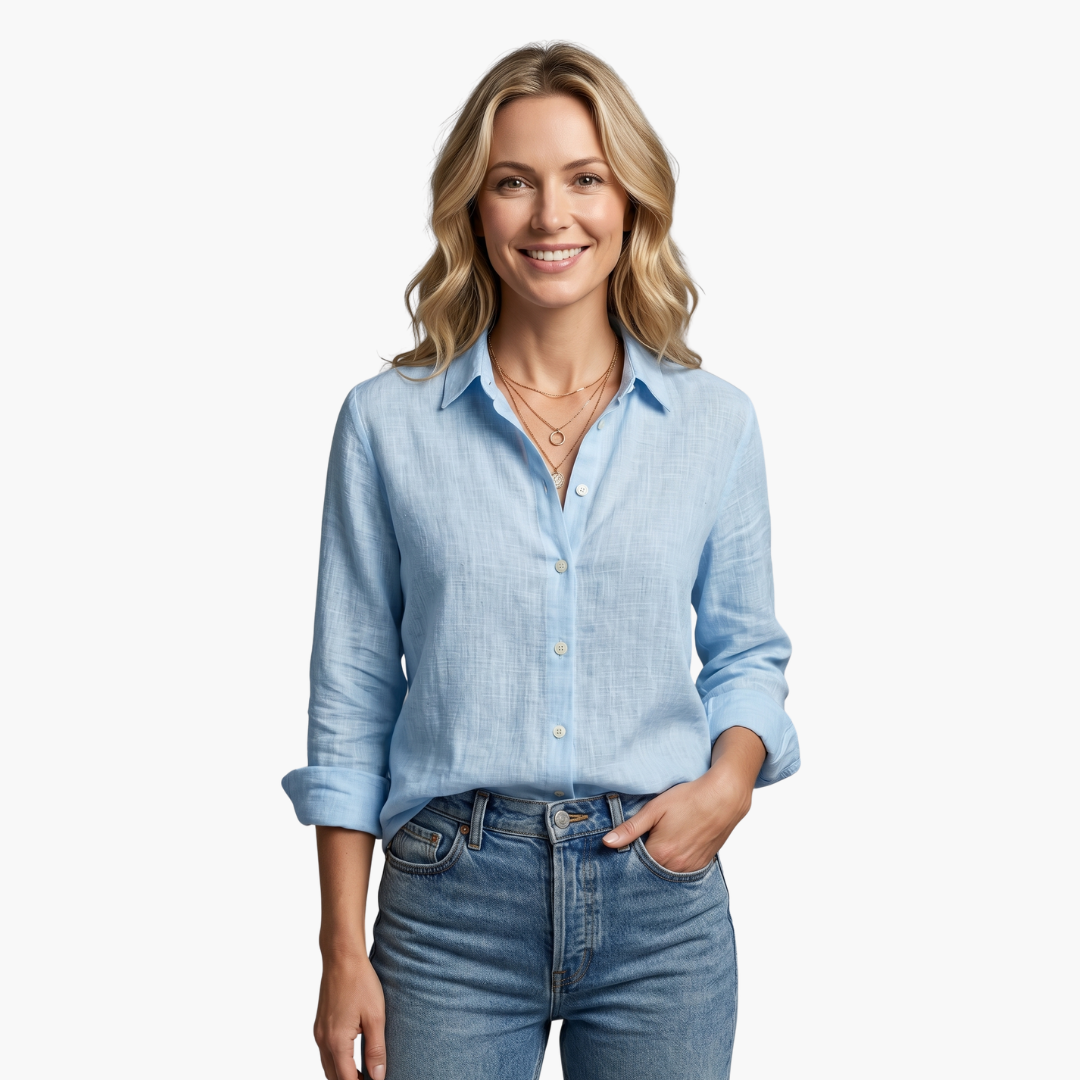 Ursula | Damen Langarmbluse mit Knöpfen - Light Blue - Image 2
