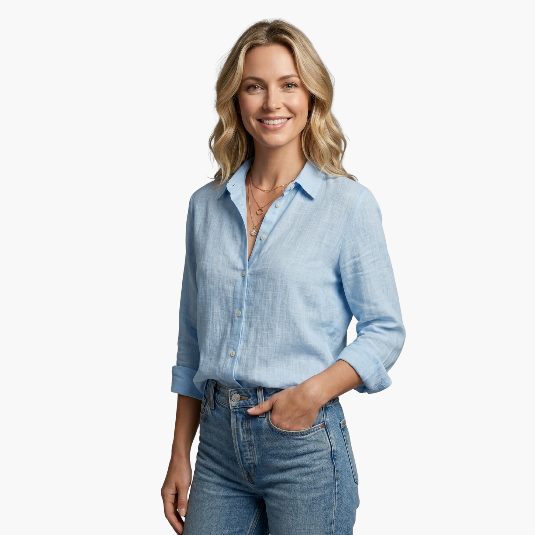 Ursula | Damen Langarmbluse mit Knöpfen - Light Blue - Image 3