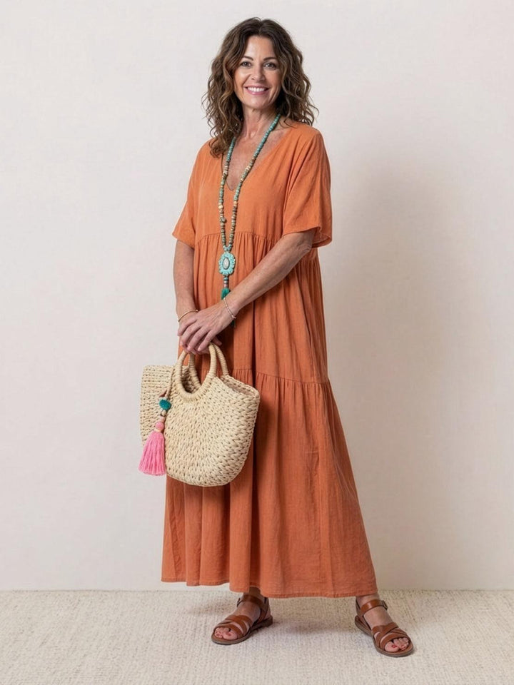 Siena | Damen Boho Maxikleid V-Ausschnitt Stufenrock Kurzarm