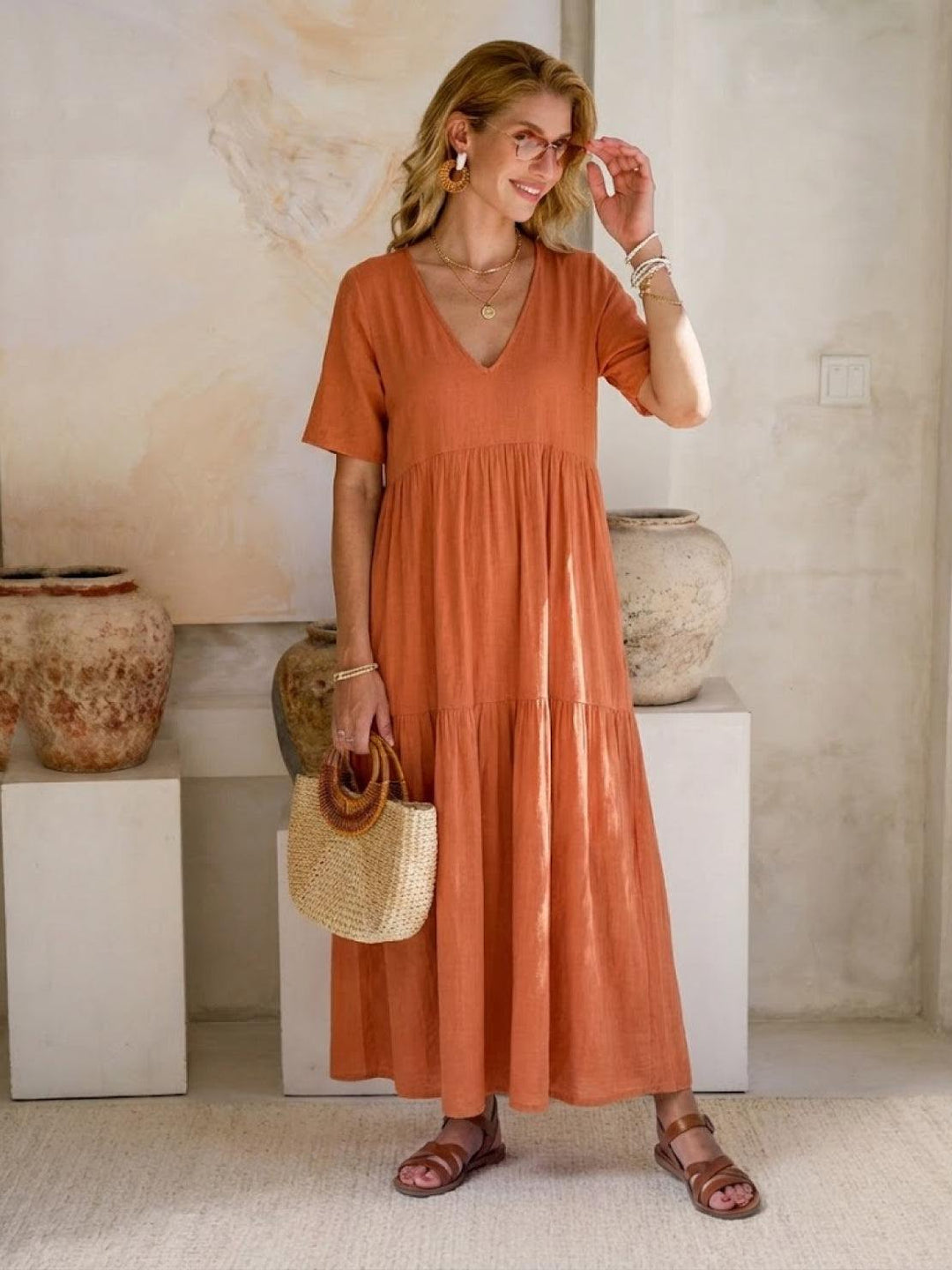 Siena | Damen Boho Maxikleid V-Ausschnitt Stufenrock Kurzarm