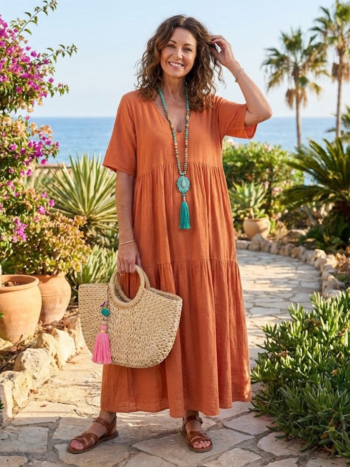 Siena | Damen Boho Maxikleid V-Ausschnitt Stufenrock Kurzarm