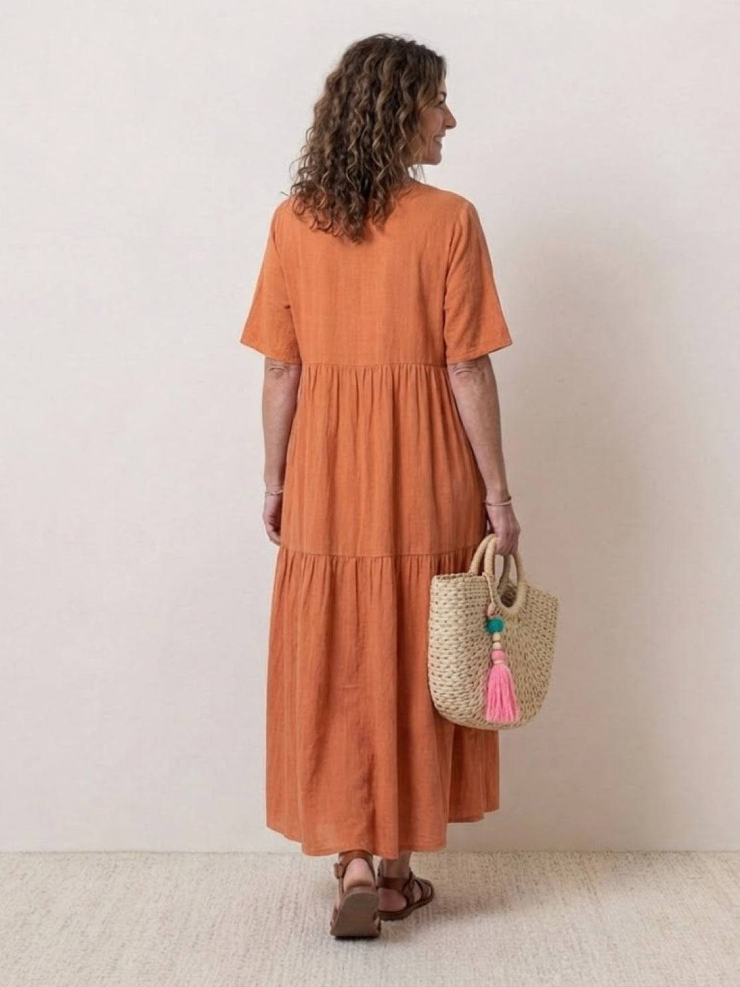 Siena | Damen Boho Maxikleid V-Ausschnitt Stufenrock Kurzarm