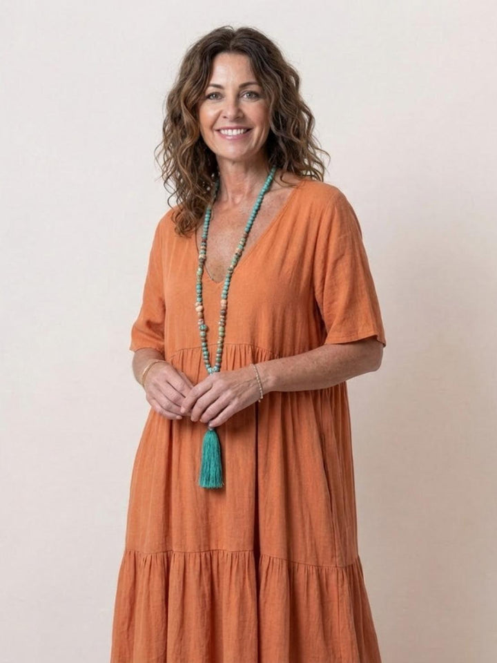 Siena | Damen Boho Maxikleid V-Ausschnitt Stufenrock Kurzarm