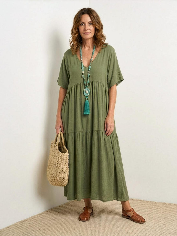 Siena | Damen Boho Maxikleid V-Ausschnitt Stufenrock Kurzarm