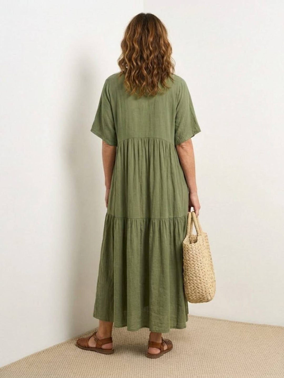 Siena | Damen Boho Maxikleid V-Ausschnitt Stufenrock Kurzarm