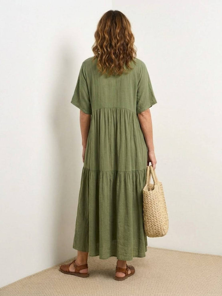 Siena | Damen Boho Maxikleid V-Ausschnitt Stufenrock Kurzarm