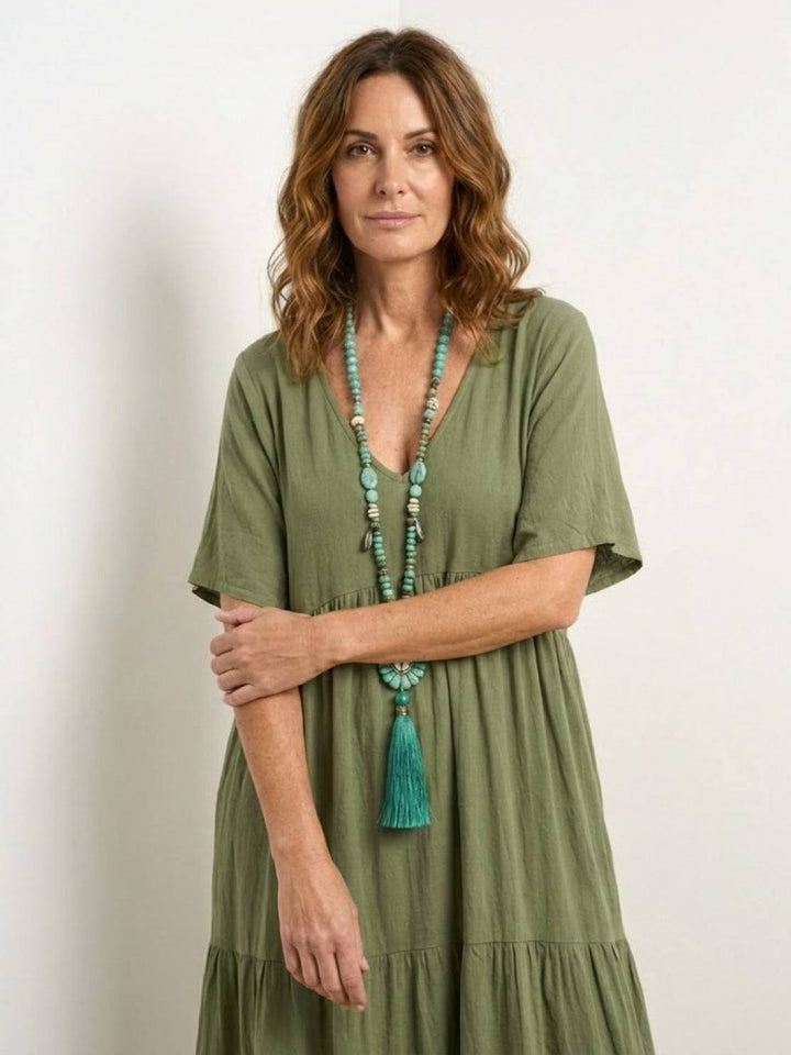 Siena | Damen Boho Maxikleid V-Ausschnitt Stufenrock Kurzarm