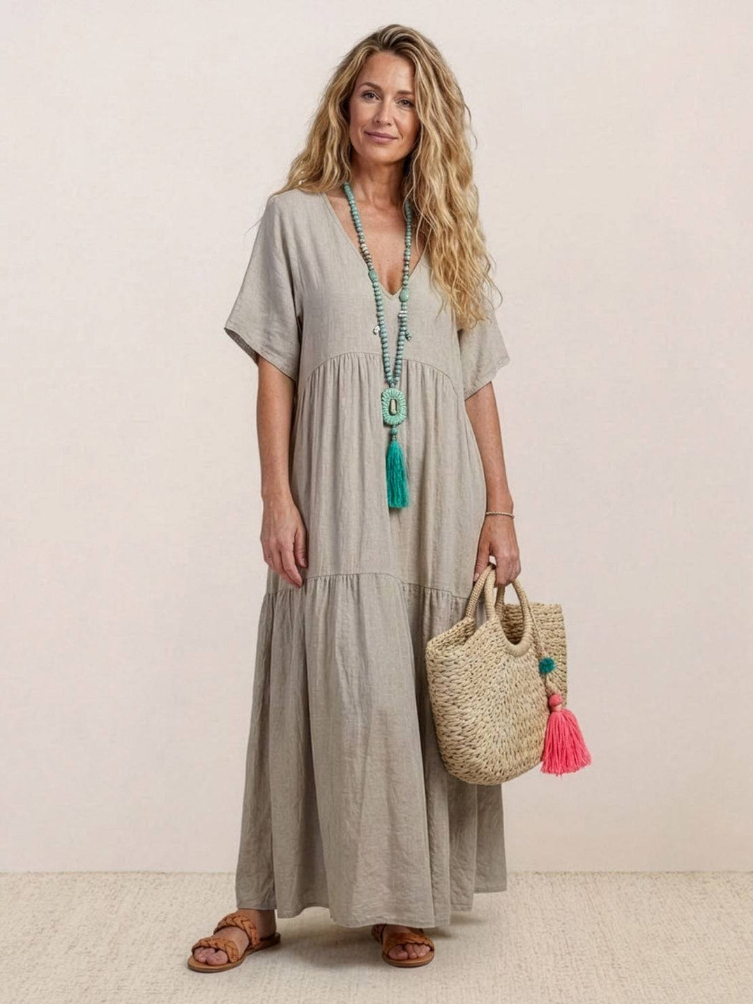 Siena | Damen Boho Maxikleid V-Ausschnitt Stufenrock Kurzarm