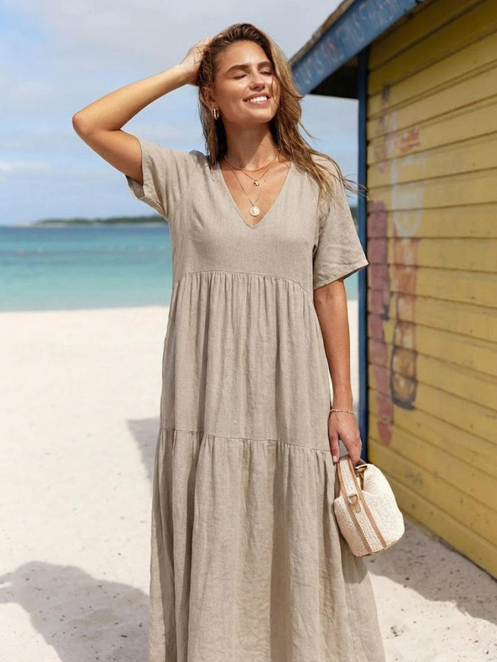 Siena | Damen Boho Maxikleid V-Ausschnitt Stufenrock Kurzarm