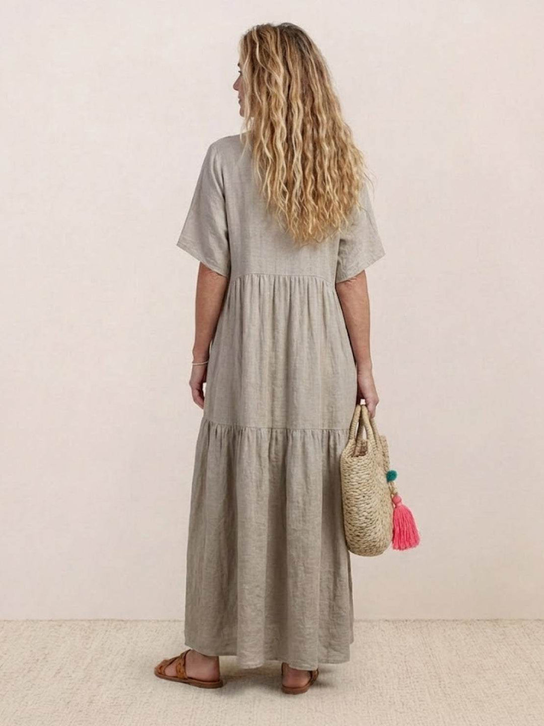 Siena | Damen Boho Maxikleid V-Ausschnitt Stufenrock Kurzarm