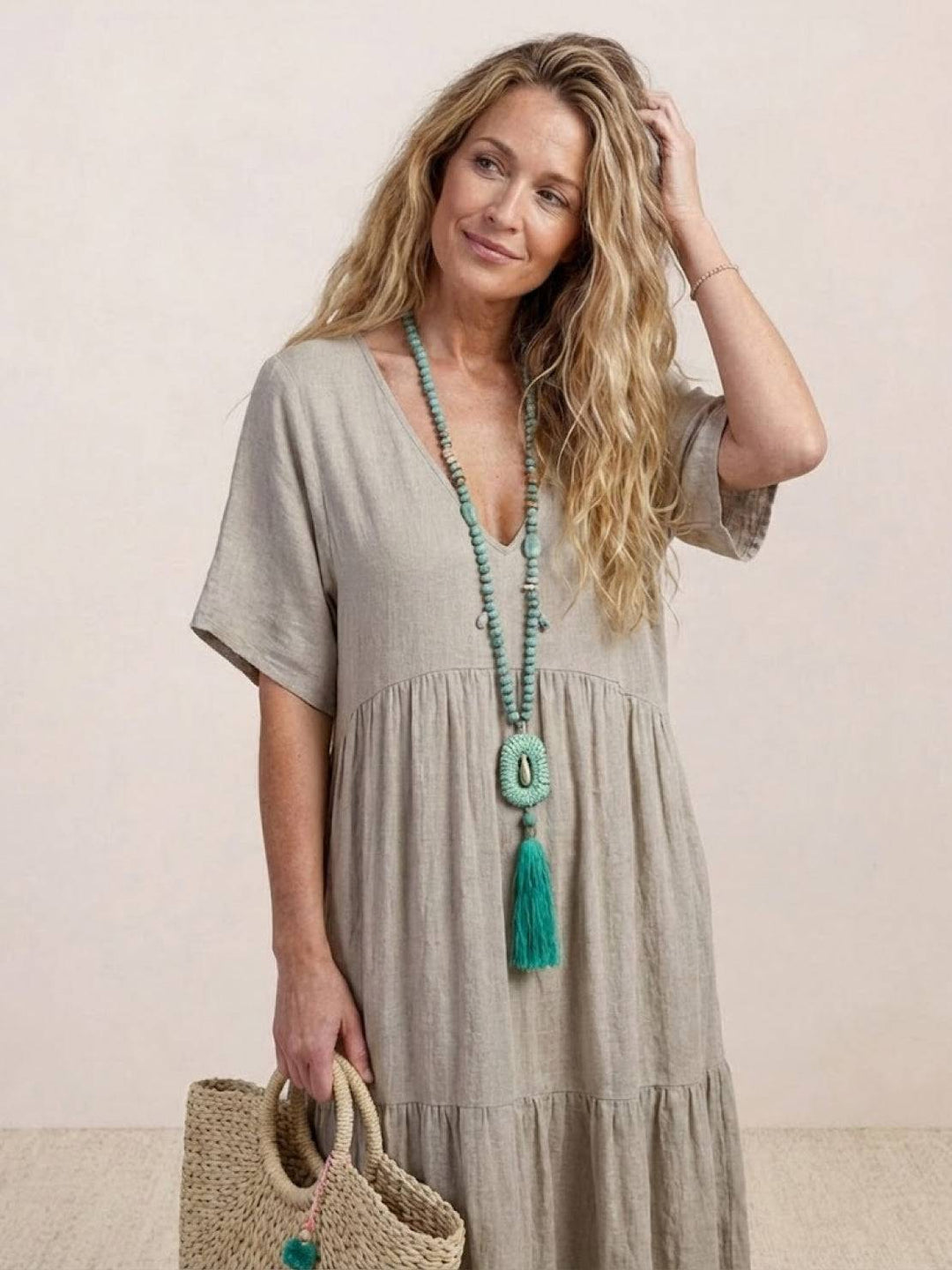 Siena | Damen Boho Maxikleid V-Ausschnitt Stufenrock Kurzarm