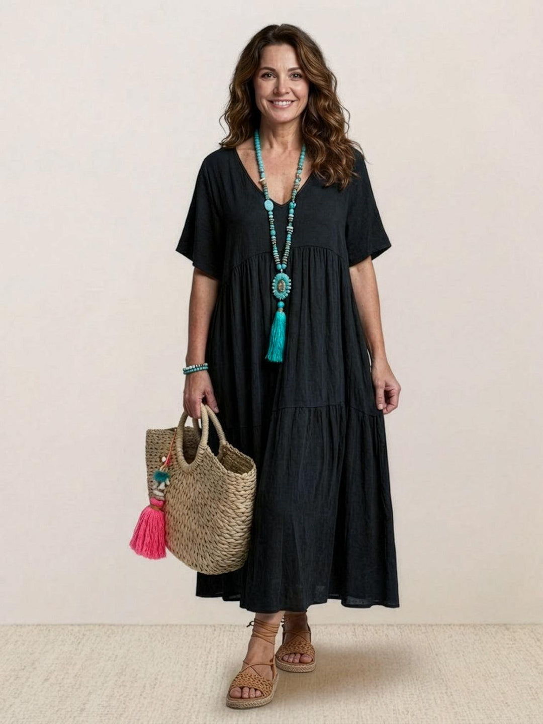 Siena | Damen Boho Maxikleid V-Ausschnitt Stufenrock Kurzarm
