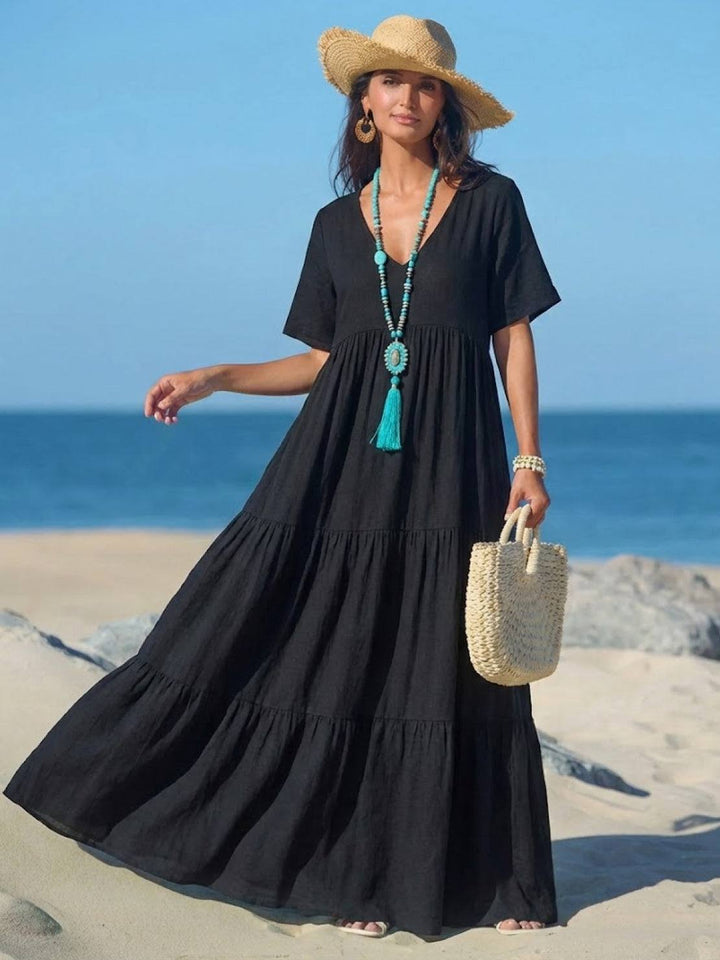 Siena | Damen Boho Maxikleid V-Ausschnitt Stufenrock Kurzarm