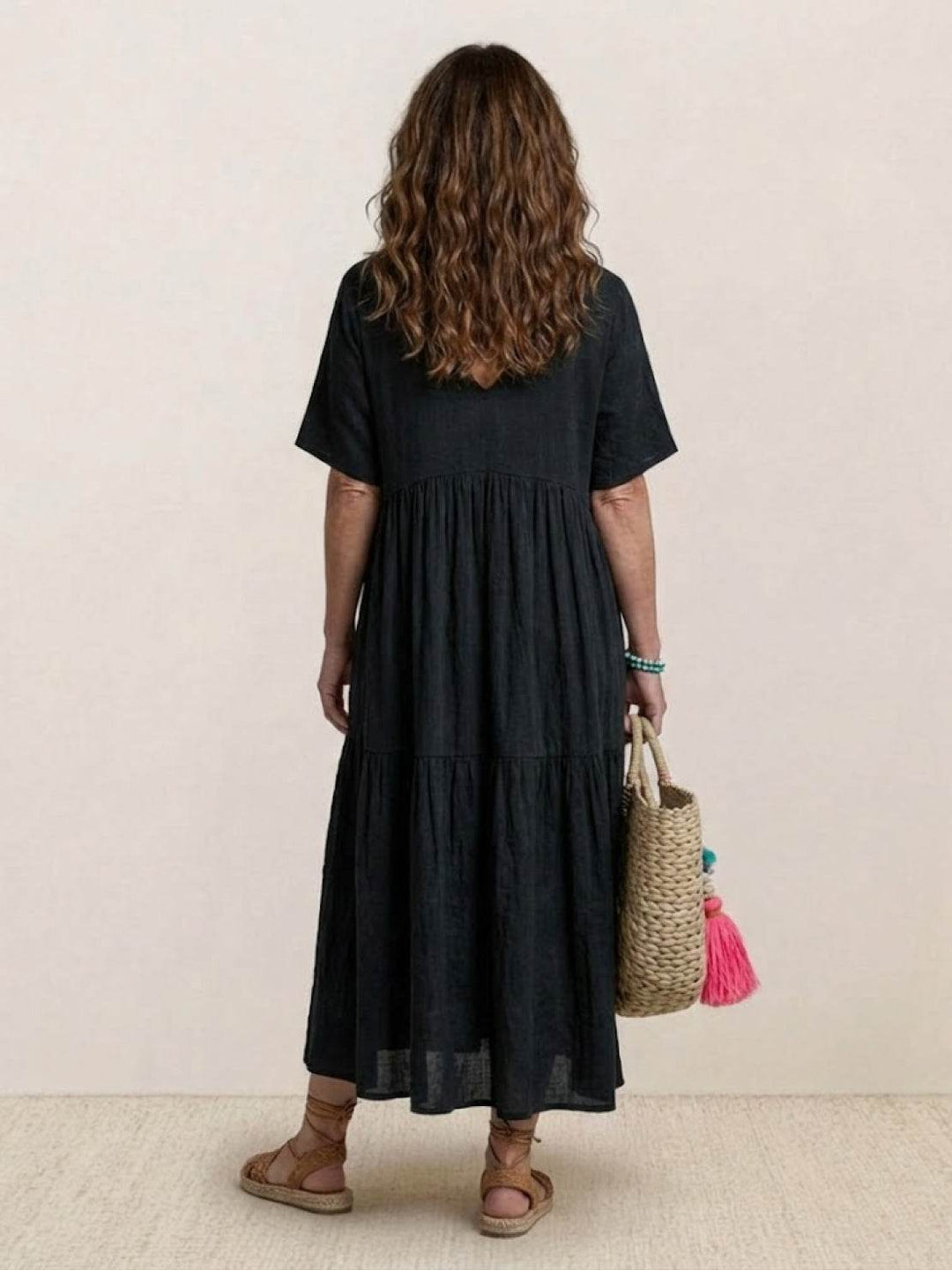 Siena | Damen Boho Maxikleid V-Ausschnitt Stufenrock Kurzarm