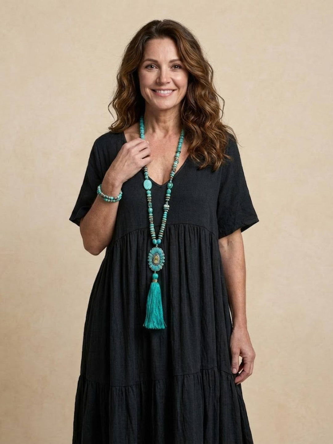 Siena | Damen Boho Maxikleid V-Ausschnitt Stufenrock Kurzarm